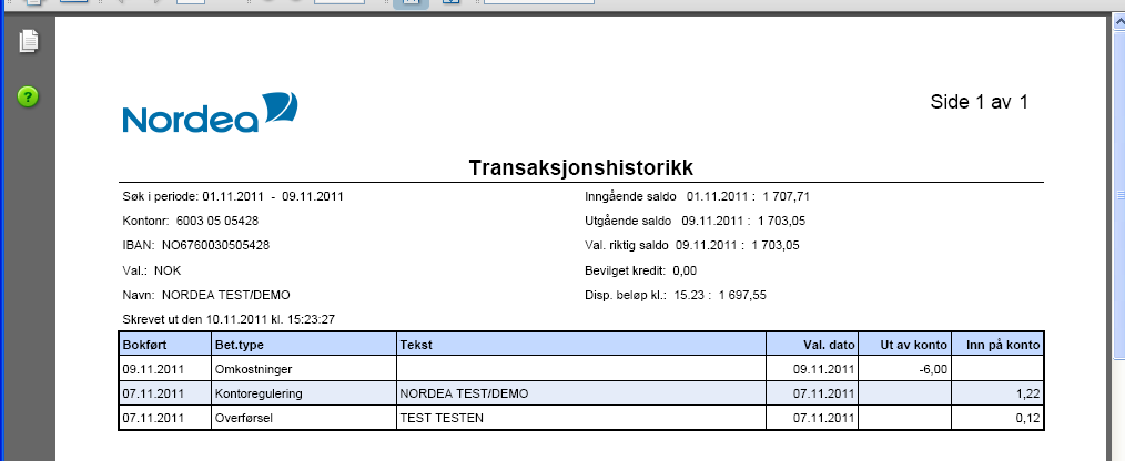 Ved siden av hver transaksjon er det et plusstegn. Ved å trykke på tegnet vil du se transaksjonsdetaljer. Du har mulighet til å eksportere transaksjonslisten til Excel eller PDF.