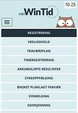 minwintid på mobil Lenkene til Registrering, Vedlikehold osv er flyttet til en ny navigasjonsmeny når man åpner minwintid på mobil.