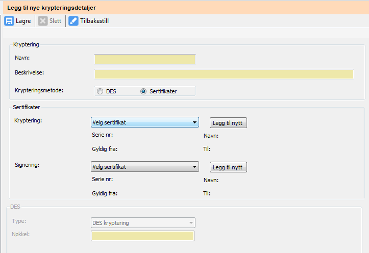elink Sertifikater i databasen Opprette ny krypteringsdetalj Det