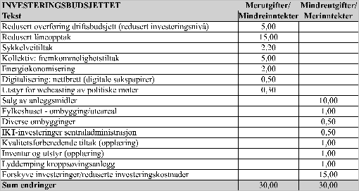 Investeringsbudsjettet baseres ellers for øvrig på følgende forutsetninger: 2.