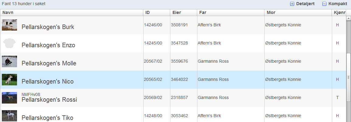 Figur 45. Søkeresultat 6.2.4.9.2 Hundprofil Hundens profilside var ment å vise informasjon om hunden og dens jakt- og utstillingsresultater.