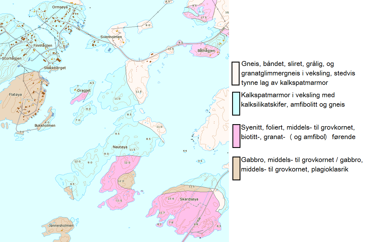 Nasjonal berggrunnsdatabase viser ulikt grunnfjell. Bla. Gneis som er kjent for å kunne inneholde radon.