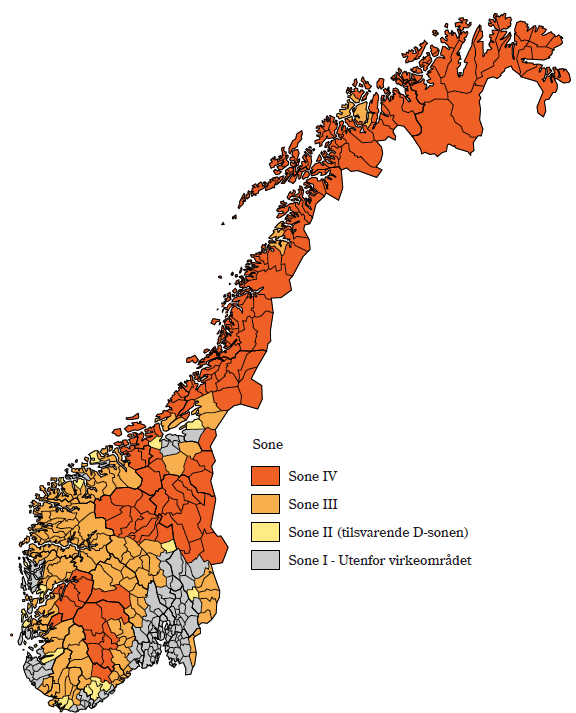 Figur 4: Soneinndeling for distriktspolitisk verkemiddelområde (KRD) Soneinndeling for distriktspolitiske verkemiddel Ein vanleg målestokk for distrikt-sentrum-dimensjonen er soneinndelinga for