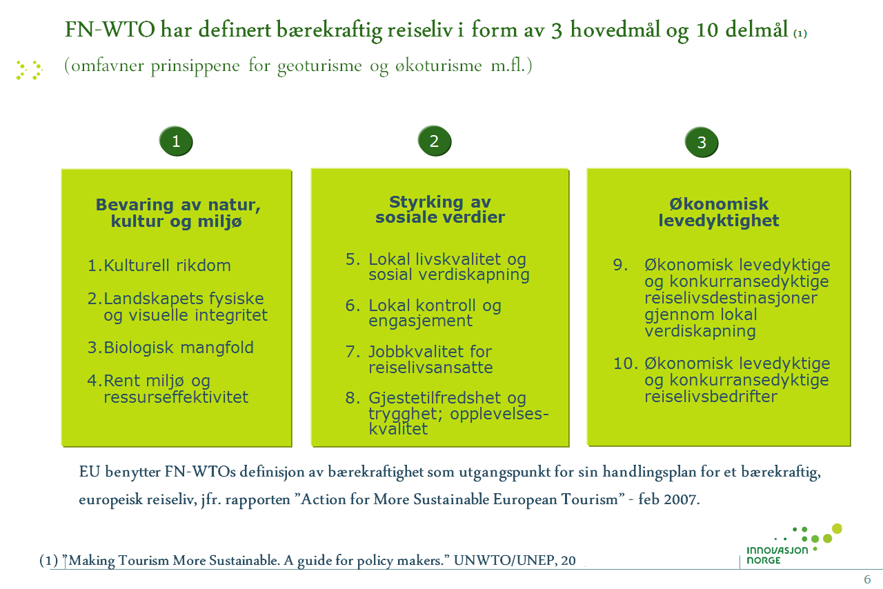 7.2 Bærekraftig utvikling Regjeringen legger i sin reiselivsstrategi vekt på at en fremtidsrettet reiselivspolitikk må ta utfordringene knyttet til bærekraft på alvor.