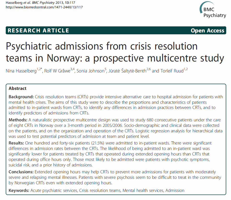 Betydning av åpningstid på kveld og i helg Multisenterstudie av akuttpsykiatri (MAP) 2005/2006: Data om forløpet for 620 pasienter tatt inn i løpet av 3 måneder i 8 av de 9 første ambulante akutteam