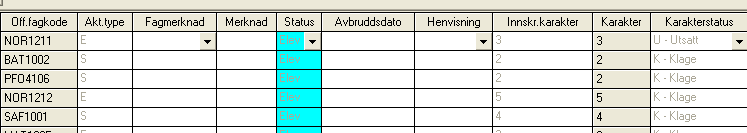 Variabel Feltnavn Definisjon Gyldige koder Utfyllende kommentar Hvor plassert i EXTENS Karakterstatus Karakterstatus Kode for karakterer som blir endret.