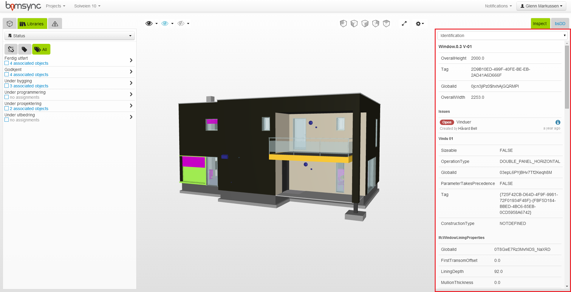 8.3 Inspect Inspiser-panelet ( Inspect ) er hvor alle data fra BIM-objektene blir vist. Det inneholder alle data som var i IFC filen prosjektdeltakerne importerte.