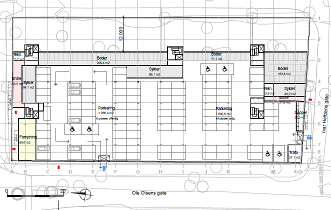 PLANBESKRIVELSE DETALJREGULERINGSPLAN MEIERIKVARTALET 24 9.2.1 Snitt tegning Fig. 19 snitt Meierikvartalet, 22.04.2013 Snittet viser sokkeletasje i nivå med OT.