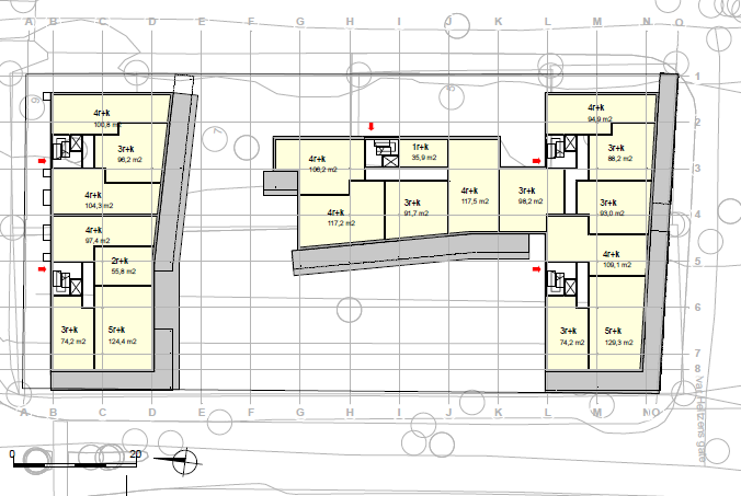 PLANBESKRIVELSE DETALJREGULERINGSPLAN MEIERIKVARTALET 25 Sokkel inneholder parkering, forretning, boder og tekniske rom i sokkel. Fig 21 Plantegning plan 1, kote + 8,5, dat. 22.04.