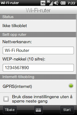 196 Kapittel 9 Internett og sosiale nettverk 3. På skjermbildet Wi-Fi-ruter angir du et Nettverksnavn for Wi-Fi-nettverket du vil opprette, eller bruker det angitte standardnavnet. 4.