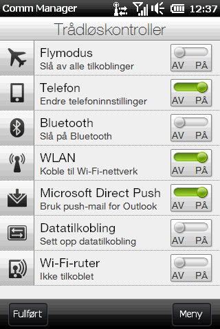 Kapittel 14 Administrere telefonen 267 14.4 Bruke Comm Manager Comm Manager lar deg enkelt slå kommunikasjonsfunksjonene av og på, for eksempel telefonforbindelsen, Bluetooth, Wi-Fi og datatilkobling.