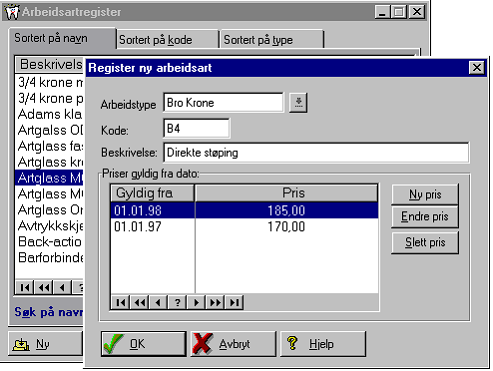 Referanse ordre/fakturering 45 Arbeidsarter Her registrerer du de arbeidsartene du bruker. Hver arbeidsart er knyttet mot en arbeidstype (Bro-Krone, Protese osv.).