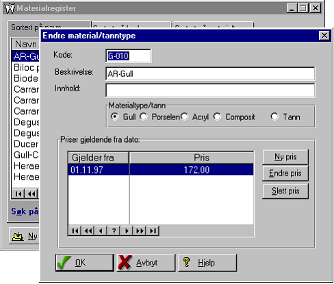 46 DENTAL2000 - Dokumentasjon Material- og tanntyper Her registrerer du materialer og tanntyper.