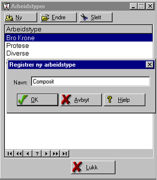 48 DENTAL2000 - Dokumentasjon Arbeidstyper Her kan du registrere dine egne arbeidstyper i tillegg til bro-krone, porselen, diverse og annet.