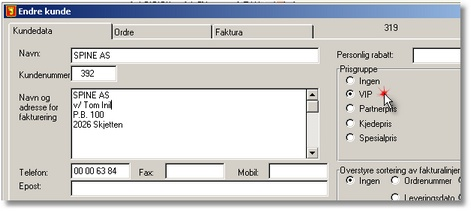 Referanse ordre/fakturering 65 Legg kun inn priser på de aktuelle prisgruppene, det er mao. ikke nødvendig å legge pris på alle definerte grupper. I de tilfeller hvor prisen er kr.