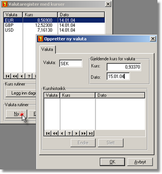 Referanse ordre/fakturering 67 Registrere ny valuta klikk på [Ny] for å registrere ny valuta skriv inn 3 tegnskoden for valuta (f.eks.