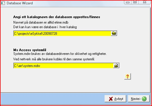 Dersom du angir en database eller systemfil som ikke finnes vil programmet vise en fil åpne dialogboks slik at du kan søke opp eksisterende filer. Klikk Neste for å aktivere endringen.