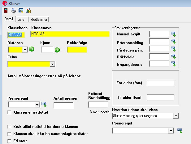 Klasser Klasser er viktig for bruken av programmet og alle løpere som skal vises på en liste må ha en tilhørende klasse.