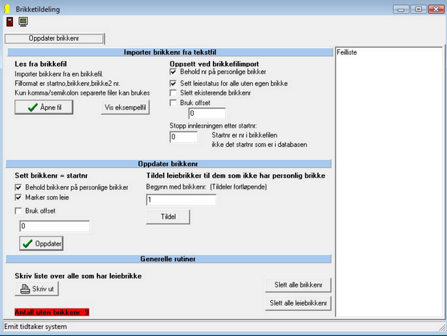 2,300001,232323 3,300010,123421 Oppsett: Behold nr på personlig brikke: -Dersom påslått overskrives ikke brikkenr i brikkefelt 1.