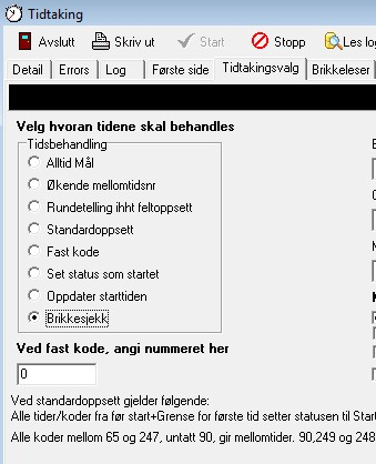 Normaloppsett er 248 eller 90 i mål / passering. Ved ekstra mellomtid ute i løypen bruk kodene 71-89. Brikkesjekk Du kan sette programmet til å sjekke brikker.