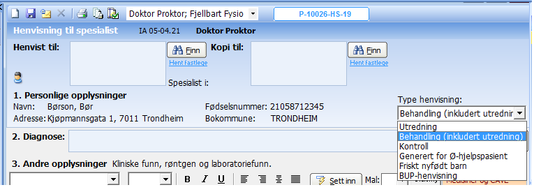 Henvisning til spesialist På henvisning til spesialist er valgene i «Type henvisning» å finne i nedtrekksmeny. (Tidligere «radiobuttons»). Dette av layoutmessige hensyn.