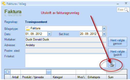 Utskrift av fakturagrunnlag. For faktura som ikke har fått fakturanummer, er det nå mulig å skrive ut fakturagrunnlaget uten at bilagsnummer genereres.