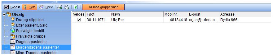 Innkalling SMS. SMS til medlemmer av gruppetimer: Knapp i Innkalling for å skjule/vise pasienter som har gruppetimer.