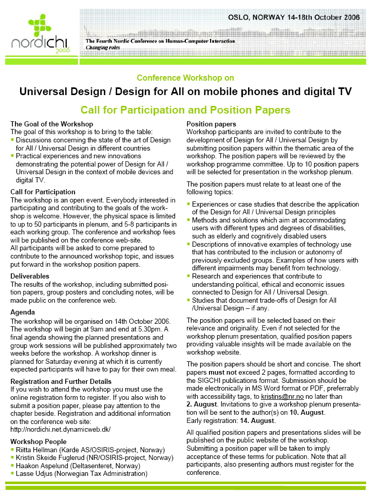 Vedlegg B: NordiCHI2006-workshopinvitasjon