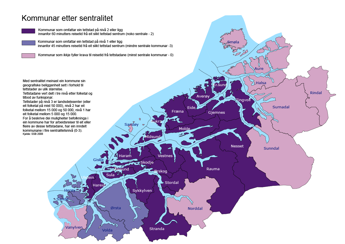 1.7 Kommunar etter sentralitet SSB måler ein kommune sin sentralitet etter avstanden frå kommunesenteret til eit «sentralsenter», dvs. eit større senter med sentrale funksjonar.