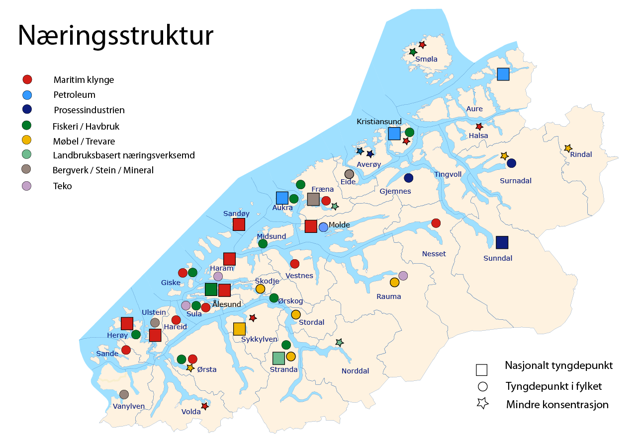 Næringsstruktur Figur 16 viser at den relative fordelinga mellom sysselsette i primær-, sekundær- og tertiærnæringane er om lag lik i alle dei fire ABS-regionane.