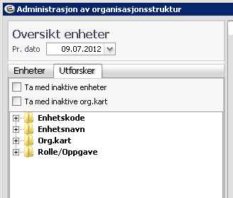 3.1.2 Hovedbildet - fanen Utforsker Forklaring til feltene i venstre del av skjermbildet: Felt Forklaring Oversikt enheter pr.dato Ta med inaktive enheter Ta med inaktive org.