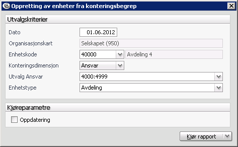 6.1 Rapport for å opprette enheter fra konteringsbegrep Dersom enhetene skal ha samme nummer og navn som et gitt konteringsbegrep, kan man benytte en rapport for å opprette enhetene.