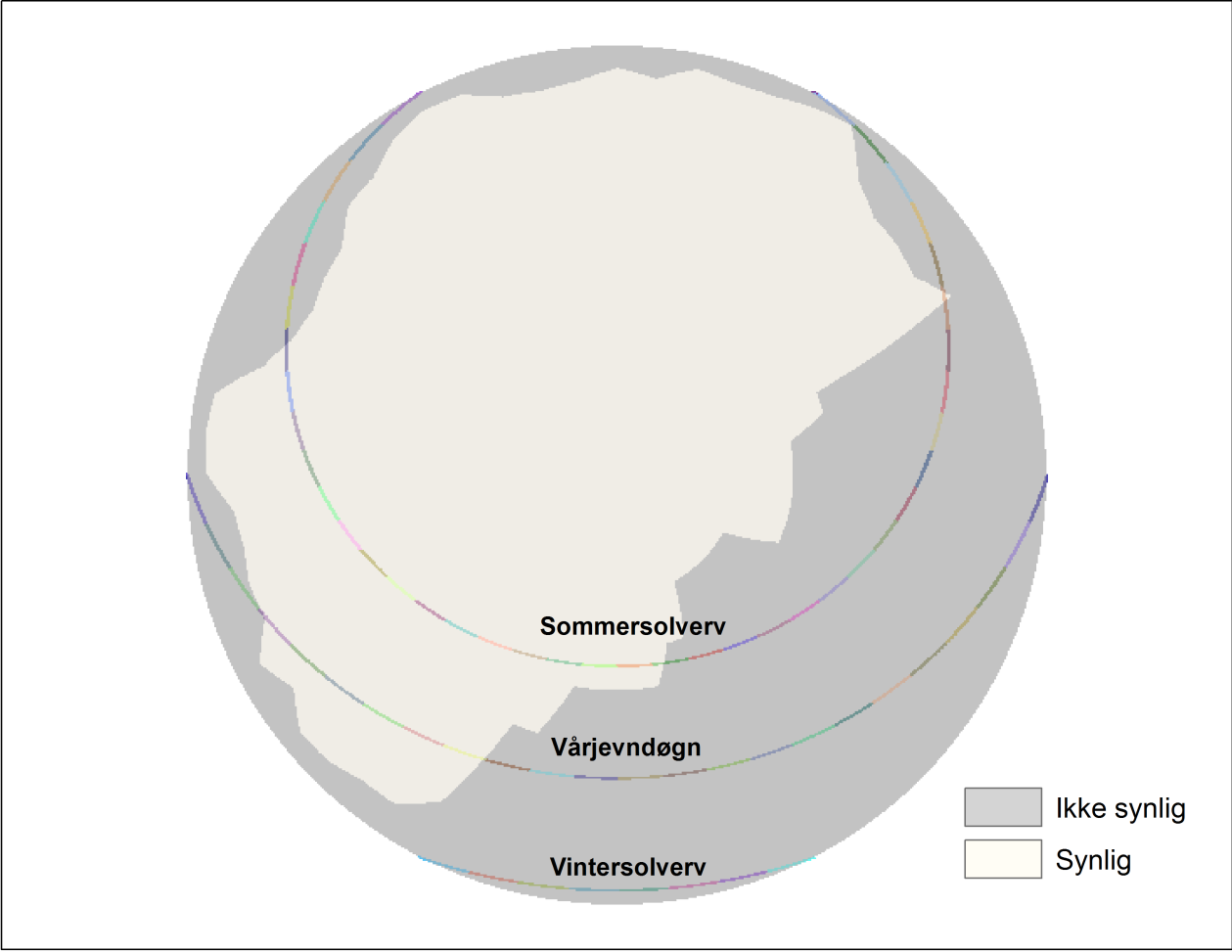 Figur 32 Hemisfæren og solkartet kombinert for punktet på forsiden av enebolig 123. Hvis vi overlapper det hemisfæriske bildet (figur 30) med solkartet (figur 31) får vi bildet i figru 32.