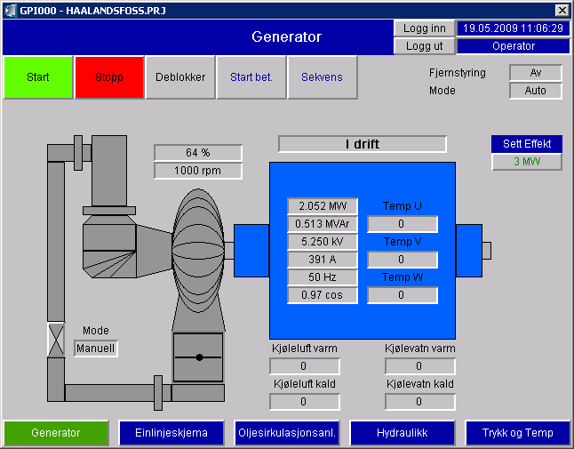 Figur 11 Skjermbilde Generator på touch-panel. Programmet fungerer i grove trekk slik at ein lagar ulike skjermbilde(mask) med ulike funksjonar som m.