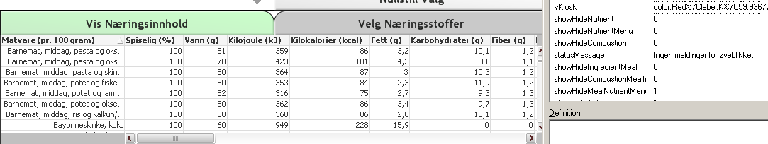 Liste, måltid: Siste langs venstre kant finner vi liste over måltider. Dette er en egen tabell som blir lastet fra database.