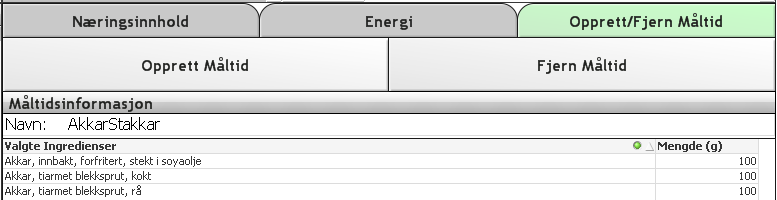 Knapp og visning, Opprett/Fjern Måltid: Denne knappen endrer også variabel for visning.