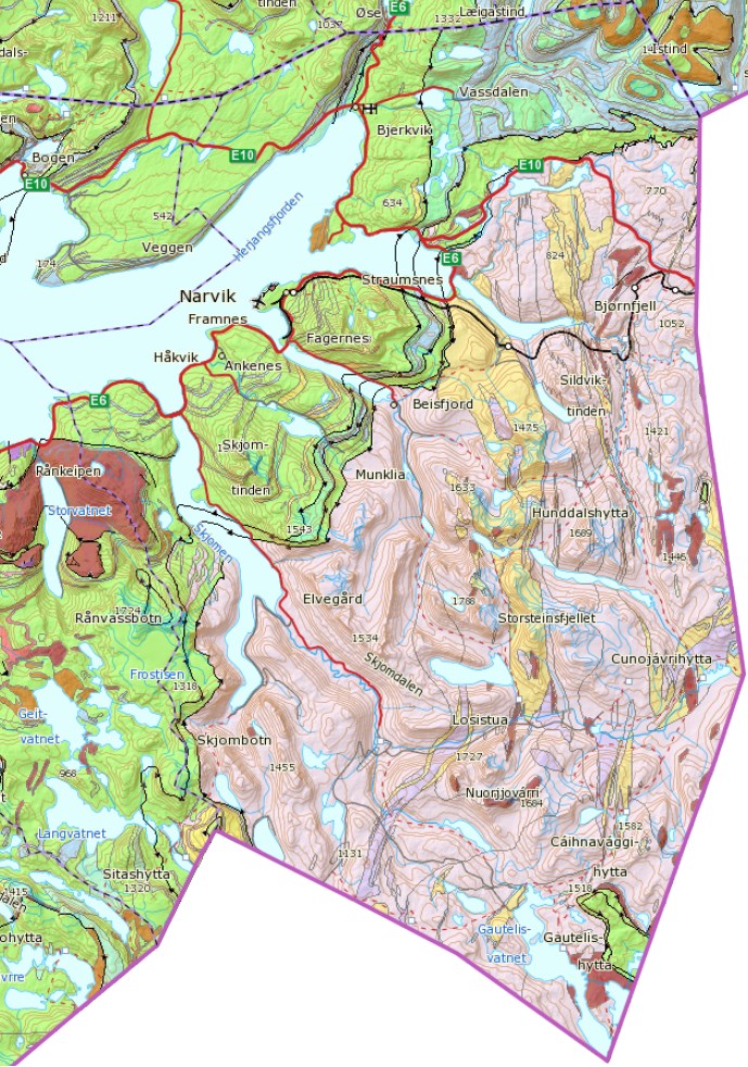 NORDNORGES LOGISTIKKHOVEDSTAD HANDELS- OG NÆRINGSANALYSE FOR NARVIK 41 Mesteparten av løsmassene ble avsatt i slutten av siste istid, og er dermed i et menneskelig tidsperspektiv en ikke-fornybar