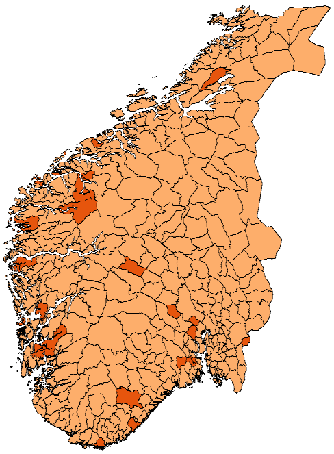 Figur 7 Kommuner med høy andel personlige eierskap: Liste over 20 kommuner med høyest andel personlig eierskap målt i andel av total sysselsetting, 2012. Kilde: Menon og Bisnode.