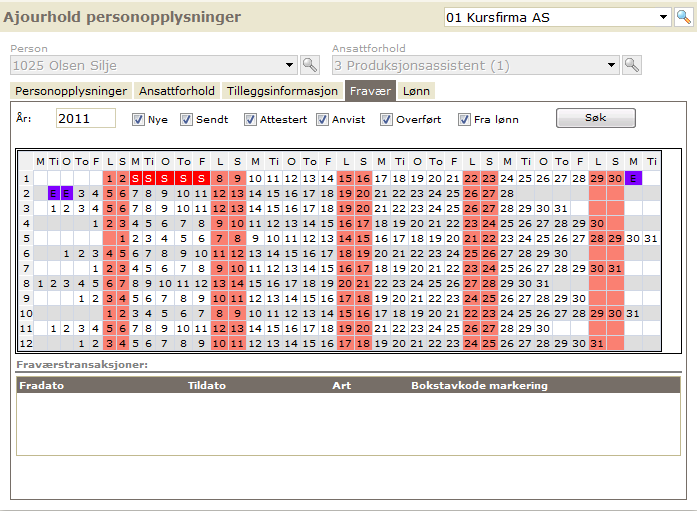 Fraværskalender I en egen fane presenteres fraværskalenderen som viser valgt ansatt sitt fravær for valgt år. Fraværet presenteres med bokstav- og fargekoder som i fraværskalender i Personec Lønn.