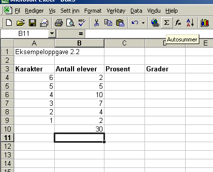 For å kunne regne ut prosent og grader trenger vi å vite hvor mange elever som går i klassen. Dette regner vi ut ved hjelp av sumtegnet Σ (se tidligere i kapitlet). Summen kan vi plassere i celle B10.