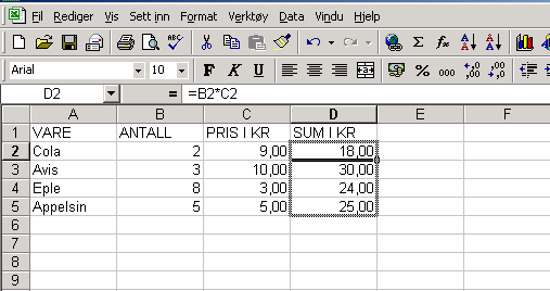 Kopiering av formler En formel kan kopieres. Dette kan gjøres på mange ulike måter, men vi vil her vise den enkleste metoden. Den vil du kunne bruke i mange sammenhenger i matematikken.