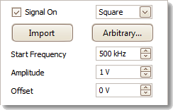 134 7.7.1.1 Verktøylinjer og knapper Grunnleggende kontroller Dialogboksen Signalgenerator for PicoScope 5204 Signal På. Merk av i denne ruten for å aktivere signalgeneratoren. Signaltype.