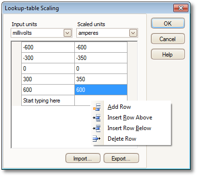 PicoScope 6 brukerveiledning 6.5.1.1.4.1 59 Dialogboksen Skalering i oppslagstabell Sted: Formål: Dialogboksen Skaleringsmetode > Opprett en oppslagstabell eller Rediger oppslagstabellen.