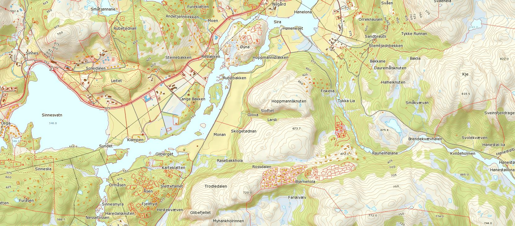 Figur 34: Kartet viser strekningene for tilrettelegging for sykkelsti inntegnet med oransje linje.