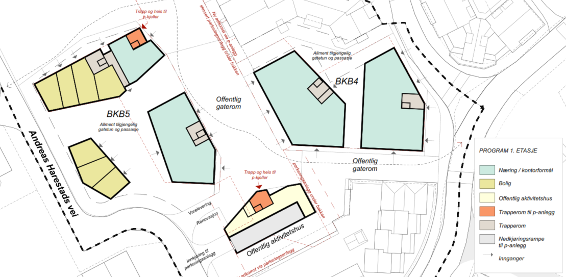 Bebyggelsens plassering og utforming: Reguleringsplanen gir rom for ny bebyggelse på felt BKB4, BKB5 og o_bab, i tillegg til en utvidelse på ca. 550 m2 på BKB3.