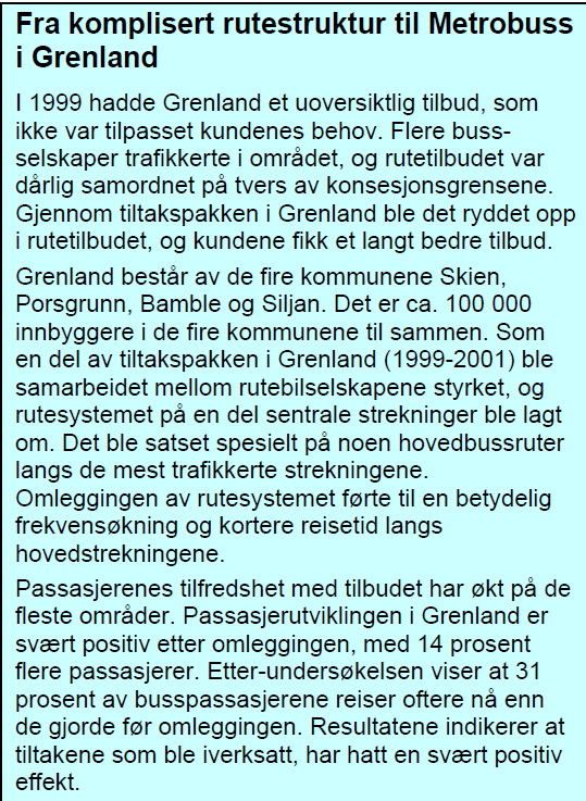 37 TØI-rapport 811/2005: Kollektivtransportmarkedet i by. TØI-rapport 738/2004: Tiltakspakker for kollektivtransport 1996-2000.