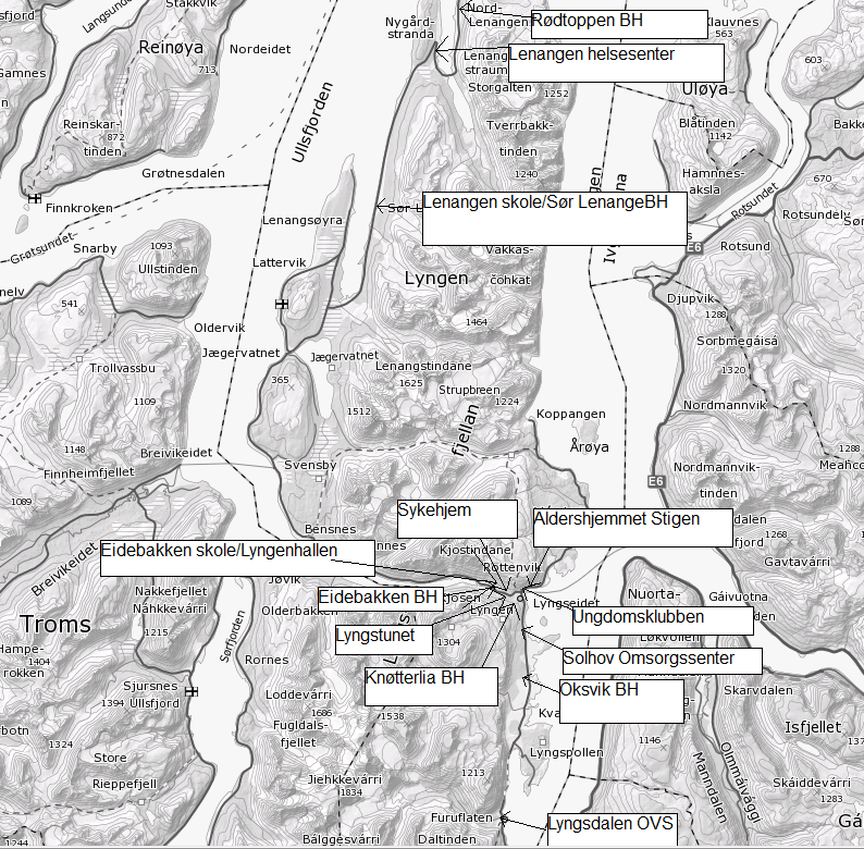 Figur 1: Oversikt over kommunale bygg i Lyngen kommune Avstanden mellom Lyngseidet og Furuflaten er 16 km langs den rasutsatte riksvei 868.