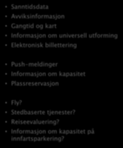 Fremtidens reiseplanlegger må inneholde Sanntidsdata Avviksinformasjon Gangtid og kart Informasjon om universell utforming Elektronisk billettering