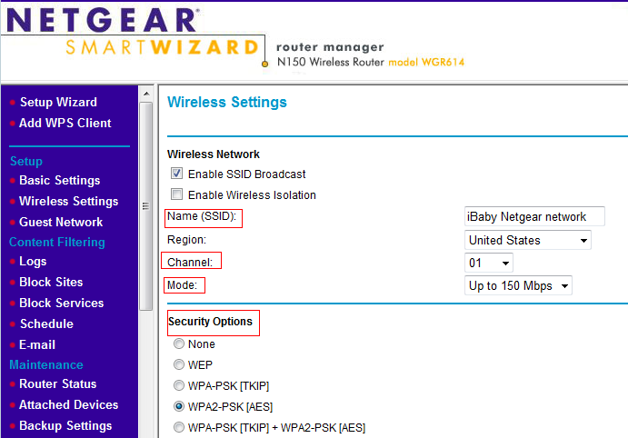 For Security Options, velg WPA/WPA2. Endre Wi-Fi Channel for å redusere interferens. Slå av MAC-adresse filter på ruteren. 4.5 ibaby er koblet til Wi-Fi, men har en ustabil kobling a.