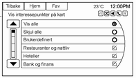 40 Navigering Kart retningsindikator Kartmodus Dag/Natt modus Trykk for å gå til undermenyen for å endre Dag/Natt modus-innstillingene og aktivere Fartsgrenser-display på kart.